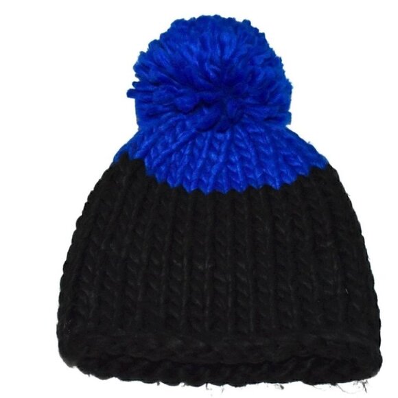 Free People Cozy Chunky Knit Colorblock Pom Pom Beani Winter Hat Black B… - Picture 1 of 9